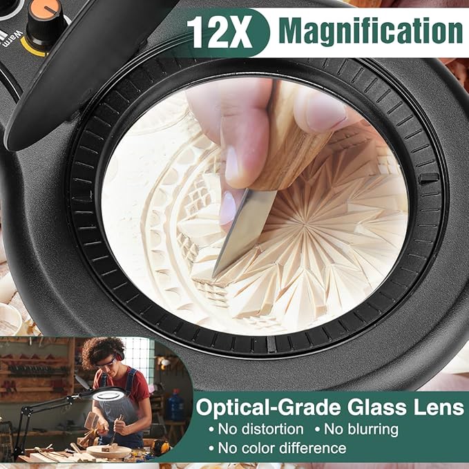 12X Magnifying Glass with Light and Stand, Switch Knob for Multi-Color Modes Dimmable, 3-in-1 Adjustable Swing Arm Floor Lamp, Hands Free Lighted Magnifier for Reading Close Work - Black