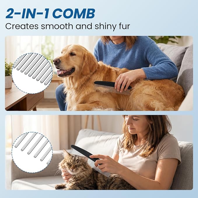 Double-Sided Pet Grooming Rake - 4-in-1 Professional Pet Grooming Kit Deshedding Dematting Tool for Dogs Cats Extra-Wide Grooming Brush & Deshedder Comb for Long & Short Haired Pets (Black Kit 4PCS)