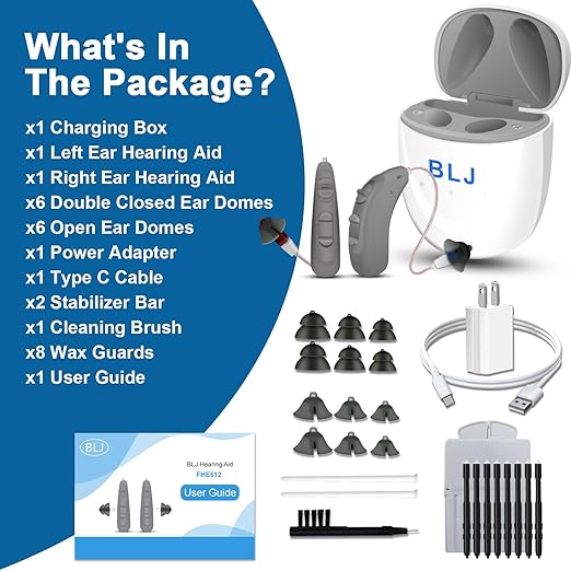 BLJ Rechargeable Hearing Aids for Seniors & Adults - 12 - Channel Clear Sound, RIC Design, Intelligent Noise Reduction & Feedback Cancellation - Portable Charging Case (Gray)