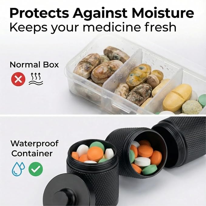 Waterproof Keychain Pill Holder - 3-Compartment, Black | Anodized aluminum with a keyring. 3 detachable layers. Pocket-sized, rustproof EDC pill container