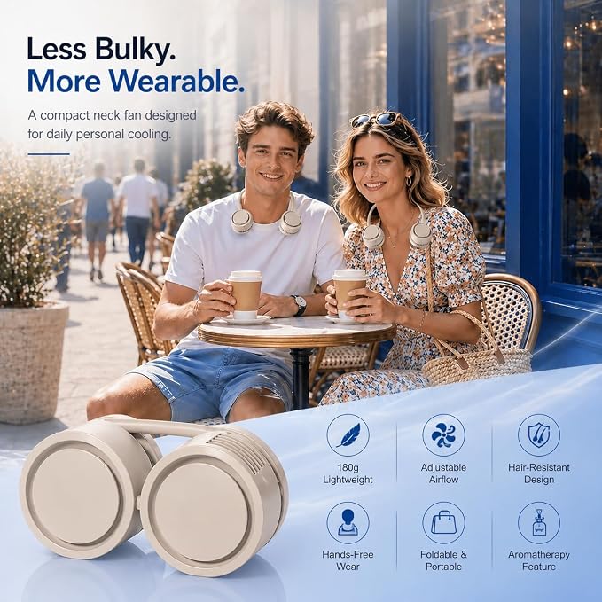 Lightweight Portable Neck Fan, Hands-Free Rechargeable | 6.3 oz wearable fan, foldable design, 360° adjustable airflow, 3 speeds; ideal for travel, office and commuting