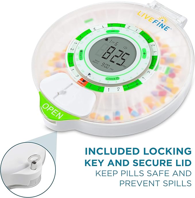 Live Fine Automatic Locking Pill Dispenser, 28 Day, Frosted Lid | Medicine Pill Organizer, Lockable Medicine Box, Pill Box with Alarm, Audio & Visual Alerts, Sliding Retrieval Window