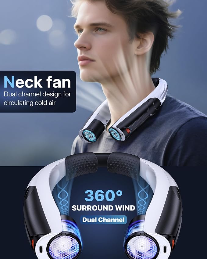 AaoLin Portable Neck Fan with 6000mAh Battery, USB-C Rechargeable, Black Hands-Free Personal Fan 6 Speeds, 6-20Hrs Cooling for Outdoor Sports/Gym/Office, Adjustable 11oz Lightweight, Neck Cooler