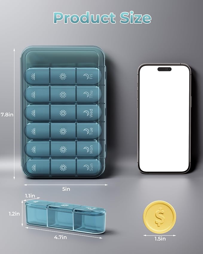 Windtrace Pill Organizer 3X a Day - Dusty Blue Portable Pill Case | Easy Carry, 3x Daily, Fade-Proof, Bold Labels, Arthritis-Friendly, One-Handed, Spill-Proof, Double-Layer, ABS Shell