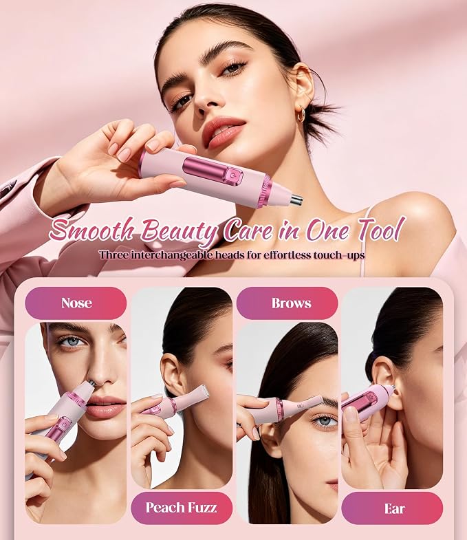 Nose Hair Trimmer for Women, 3-in-1 Painless & Gentle Trimmer for Nose, Eyebrows & Facial Hair, Type-C Rechargeable Precision Groomer with Double-Edged Blades, IPX7 Waterproof - Pink