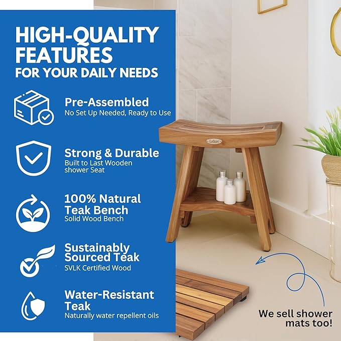 EcoDecors Fully Assembled, Serenity 18" Teak Shower Bench, with Shelf, Wooden Shower Bench, Shower Stool, Plus Teak Care Bundle, Teak Oil Spray, Compact Fit for Small Bathrooms, Sauna Bench