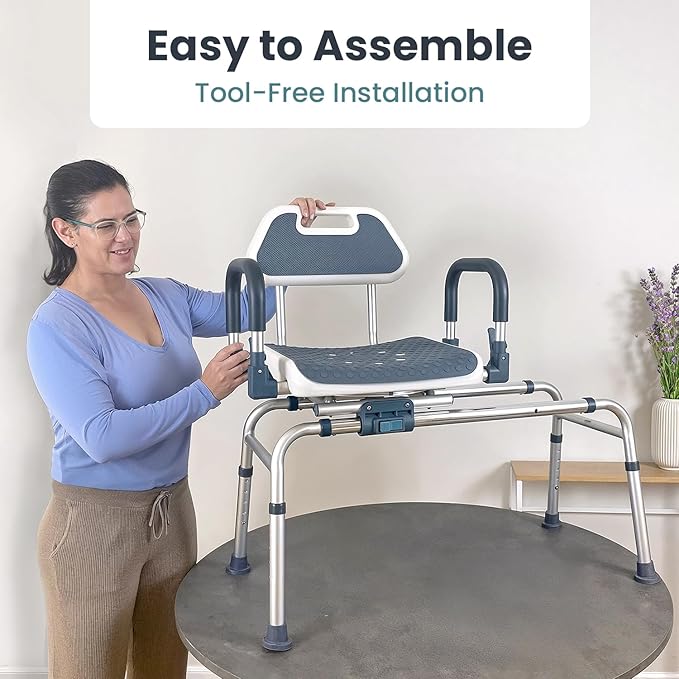 Sliding Shower Chair Tub Transfer Bench with Swivel Seat, Shower Bench for Elderly and Disabled, with Security Belt, 360 Rotation, Slides and Rotates, Adjustable,one Touch Slide Button, Dark Blue
