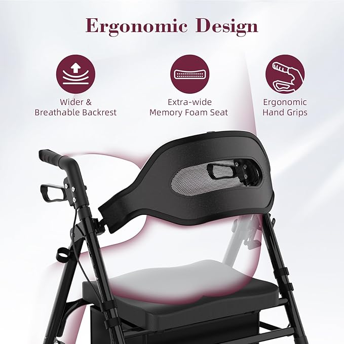 Walkers for Seniors, Foldable Rollator Walker with Seat, 8" Big Wheels, Lightweight Rollator Walker with Ergonomic Backrest, Adjustable Handles and Seat Height, 310 Lbs Weight Capacity, Black