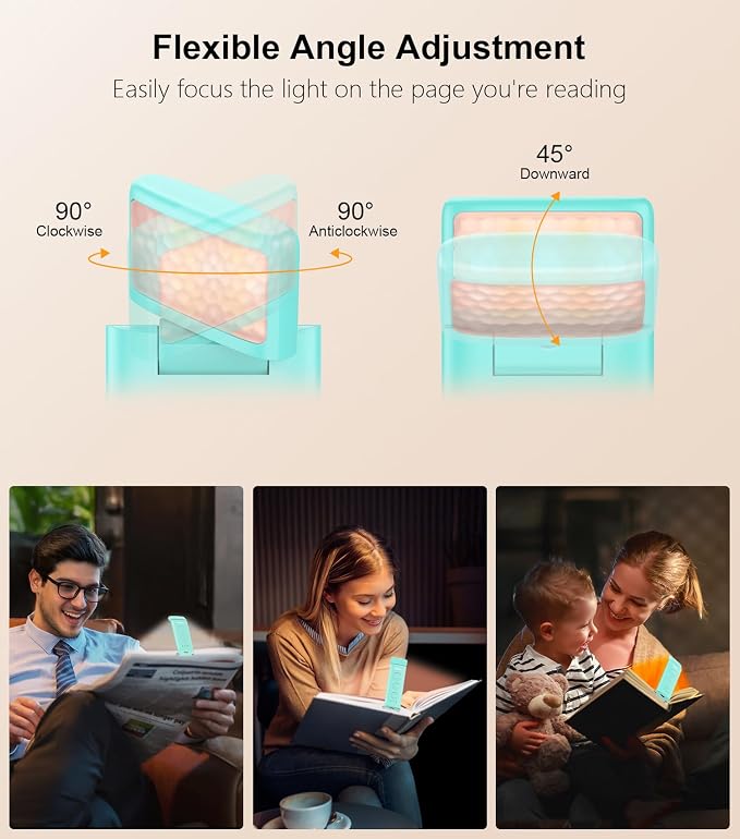 Gritin Book Light Rechargeable, Clip on LED Reading Light for Books in Bed | Eye Caring 3-Color & 5-Brightness, Stepless Dimming, Long Lasting, Compact Size Flexible Book Lamp for Bookworms-Blue