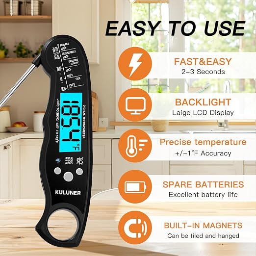 Digital Meat Thermometer Instant Read, Waterproof Probe with Backlight & Calibration, Ultra Fast 2-3s Reading, Stainless Steel Kitchen Food Thermometer for Grilling BBQ Cooking Candy - Black