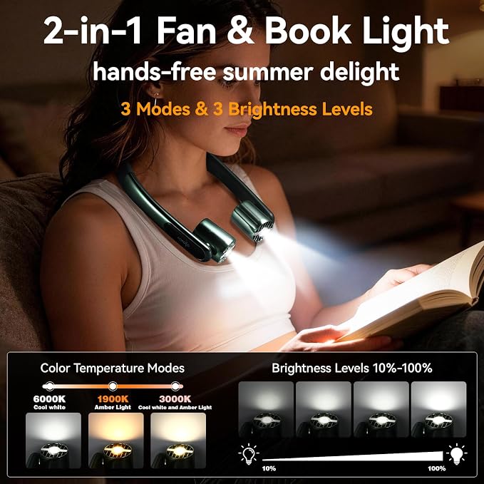 VAVOFO Portable Neck Fan with Book Light, Hands Free Wearable Cooling Fan | 6000mAh Rechargeable, 3 Speeds, 250° Adjustable, Ideal Gift for Reading, Travel, Office, Hiking, Fishing & Sports