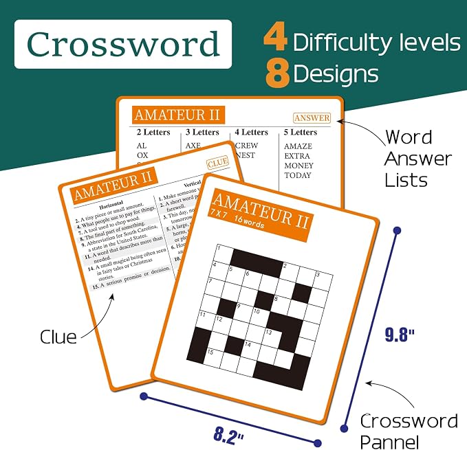 2-in-1 Mindful Puzzles Set with 24 Crossword and 8 Word Search, 1-12 Players, Memory Activities for Seniors with Alzheimer's and Dementia