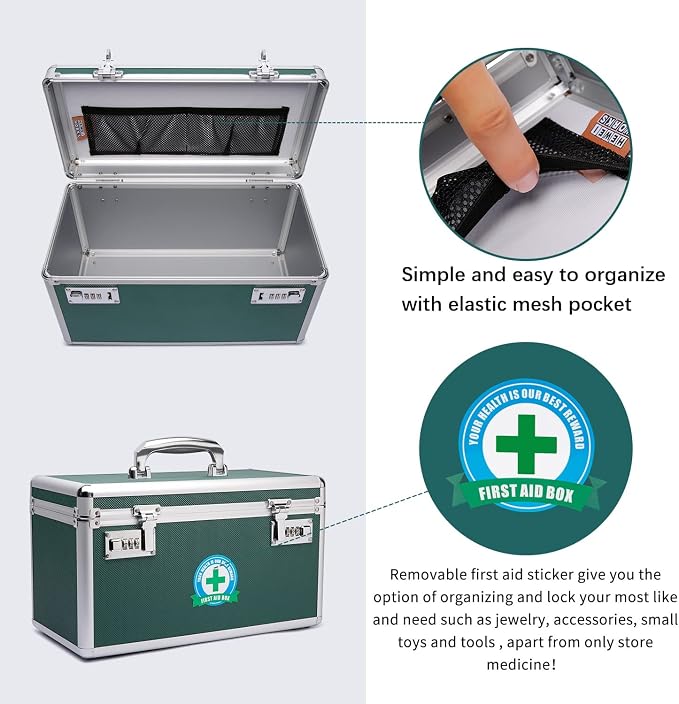 Large capacity Locking Box， Lockable Medication Box with Portable Storage Case, 15''x 8.7''x 9.3'', Childproof Medicine Lock Organizer, Locked Empty First Aid Storage Case (GREEN)