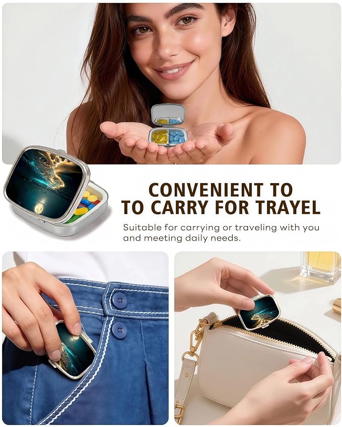LRITER Pill Case, 2 Compartment Portable Small Travel Pill Organizer for Purse and Pocket, Stylish Medicine Case with Multiple Patterns, Daily Pillbox for Home & Travel (Moonlight)