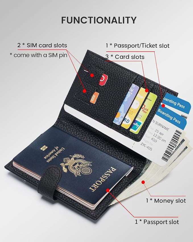 Karmiir RFID Slim Passport Holder for Man & Women, Compact Leather Passport Wallet with Card Holders SIM Slots, Zippered Coins Pocket and Cash Holder Travel Passport Cover Case, Black