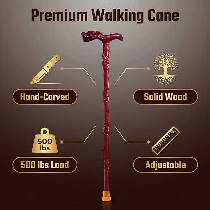 Dragon Canes for Men, Handmade Wooden Walking Canes for Men Women,Heavy Duty Up to 500 Pounds,Exquisite Natural Wood Carved Walking Ergonomic Stick