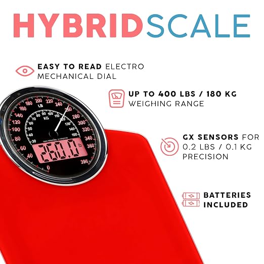 Hybrid Bathroom Scale - Analog & Digital Display, Accurate to 400 lbs | See weight on both an analog dial and digital LCD at once. Wide glass platform, 3 AAA batteries included, ready to use.