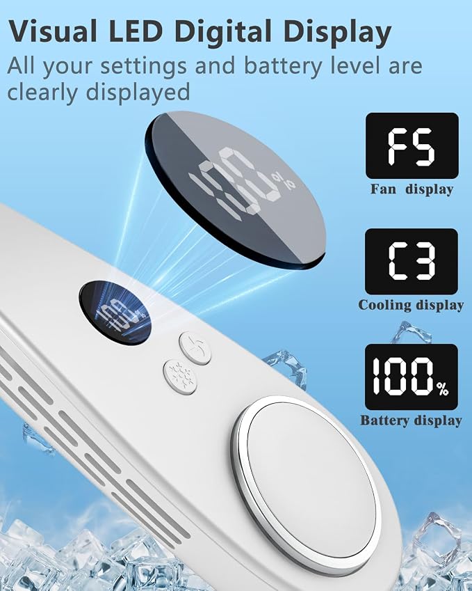 Portable Neck Fan with Cooling Plate, Chargeable 5500mAh 3-15H Lasting, Personal Cooling Fan with LED Display, Wireless Hand-Free Mini Headphone Fans Festival Gifts for Kids Women Men Adults, White