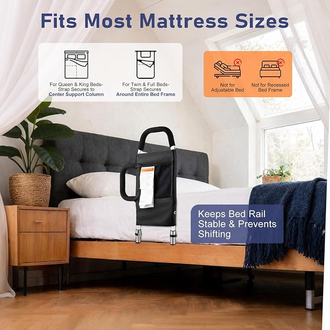 Bed Rails for Elderly Adults - Bed Assist Rail with 2 Non-Slip Grab Bars & Storage Pocket, Easy In & Out Bed, Anti-Fall Bed Railings for Seniors, 300 LBS Load Capacity