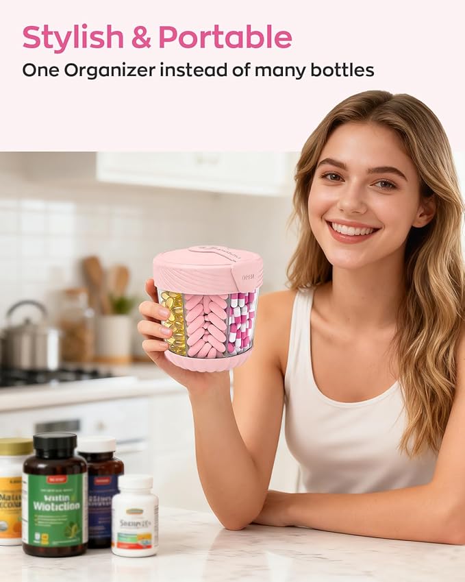 Cute Pill Dispenser with 7 Large Compartments, Portable Pill Bottle Organizer with Wide Opening for Travel, Anti-Mixing Pill Container, Shatterproof BPA-Free, Includes 20 Pcs Labels, Pink
