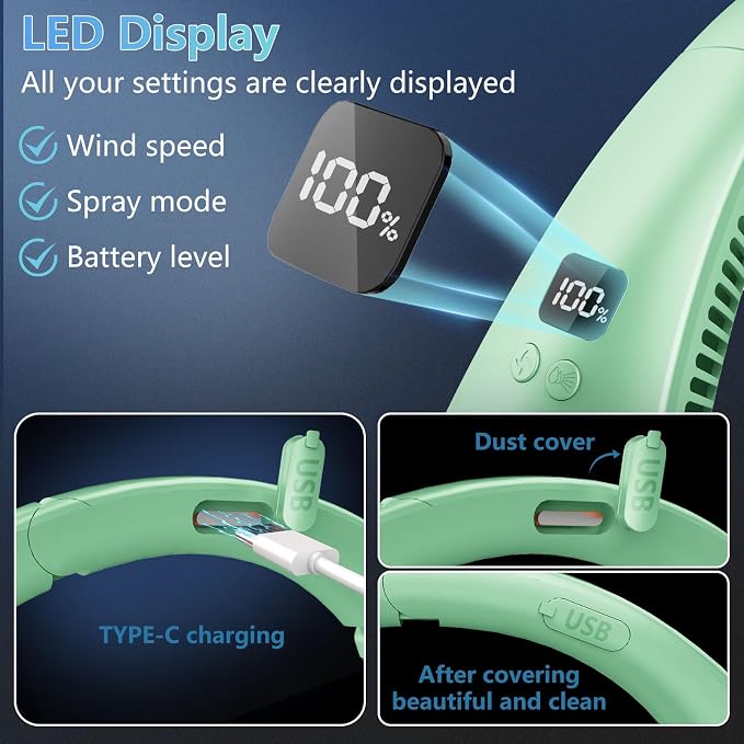 Personal Fan Neck Fan Mister-Fold away Wearable around the Neck Fan, Cordless Bladeless Personal Cooling Device,Neck Coolers for Women Men Kids Dad Mom Extremely Hot Weather Indoor Outdoor Green