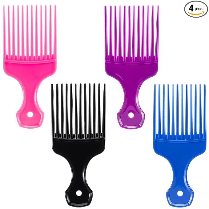 SIMPOR 4 Pcs Hair Pick Comb Wide Tooth Lift for Hair Styling Detangling, Plastic Afro Pick for Women Men, Fist Picks for Curly and Afro Hair (Multiple colors)