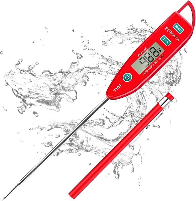 BOMATA Digital Water Thermometer for Liquid, Meat, Cooking, IPX7 Waterproof | Instant Read Food Thermometer, 5in Long Probe for Candle, Water, Meat, BBQ! T101 (Red Color)…