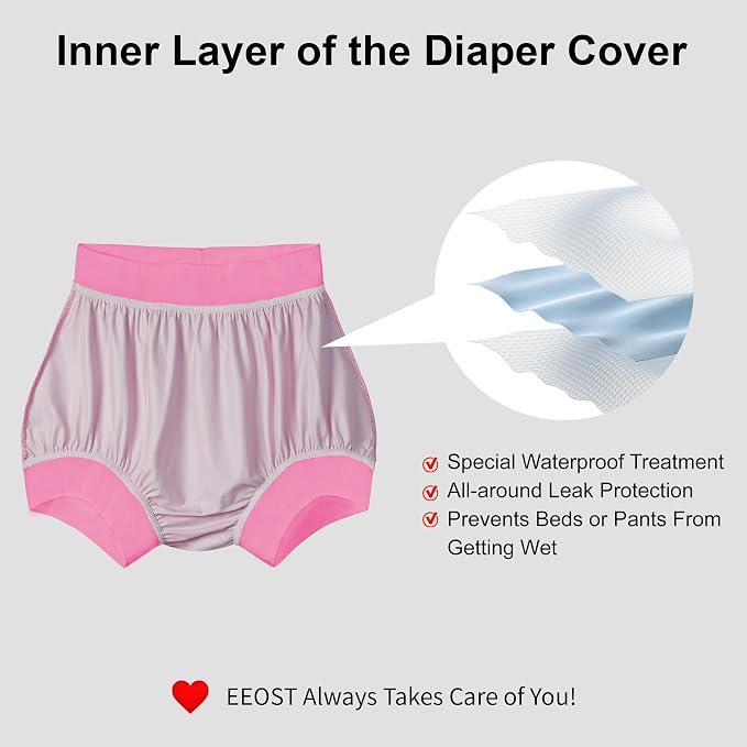 Adult Cloth Diaper Cover Waterproof Plastic Pants Rubber Underwear for Incontinence Leak Proof Washable (PinkXL)