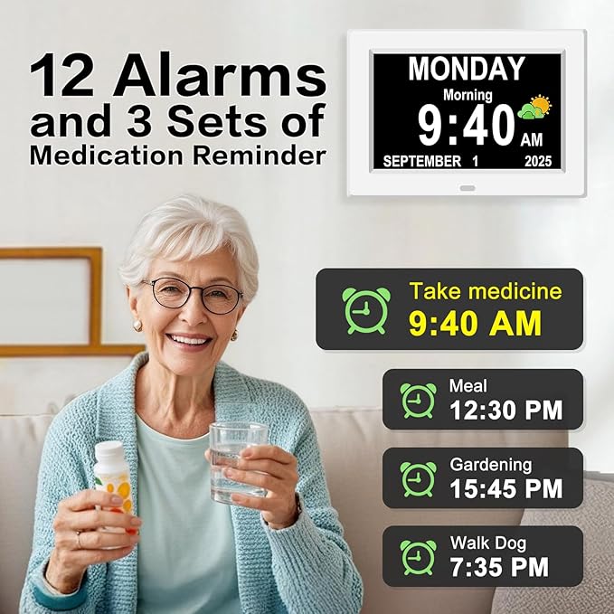 11'' Large Display Digital Clock for Seniors, Digital Calendar Alarm for Elderly Clock with Date Day of Week 12 Alarms 4 Colors Desk Wall Clocks for Memory Loss Alzheimers Dementia Auto DST/Dimmer
