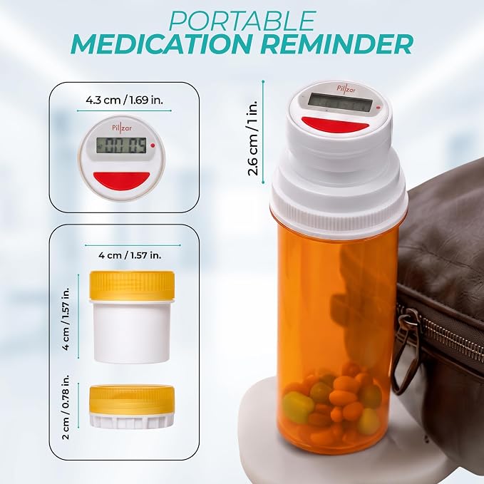 Portable Medication Reminder System with Two Timer Caps – Compact Organizer for Pills, Vitamins & Supplements for Travel or Home Use.