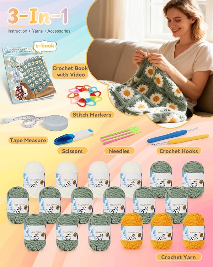 Coopay Crochet Kit for Beginners, Easy Granny Square Crochet Blanket Kit | Crochet Kit W/Video Tutorial & Digital Instructions, All Accessories Included, Easy Knitting to Create Granny Square Blanket