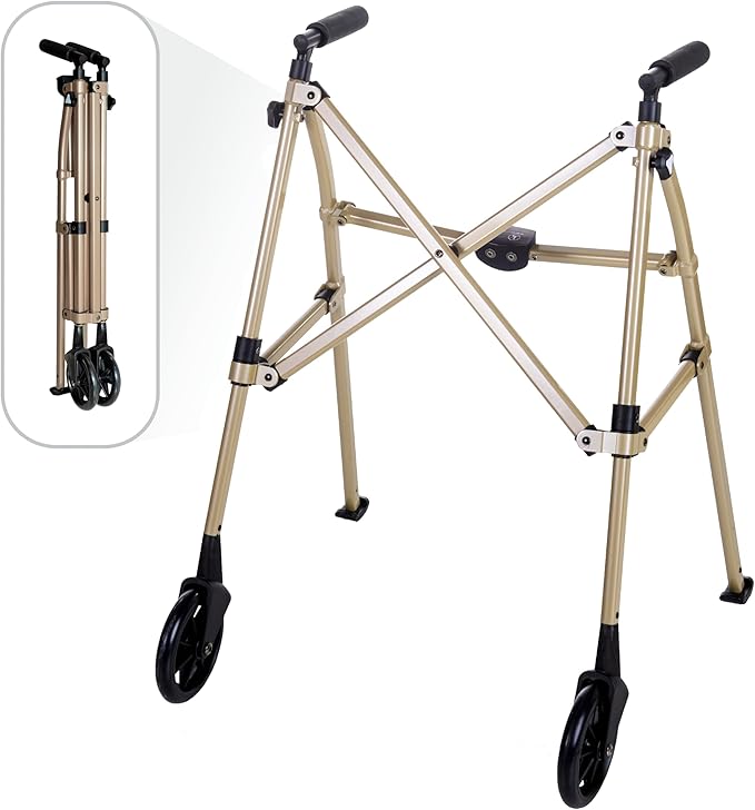 Stander Space Saver Walker, Lightweight Folding Rolling Mobility Aid for Seniors & Adults, Compact 2-Wheel Disability Device with 6-inch Wheels & Ski Glides for Walking Support, Desert Sand