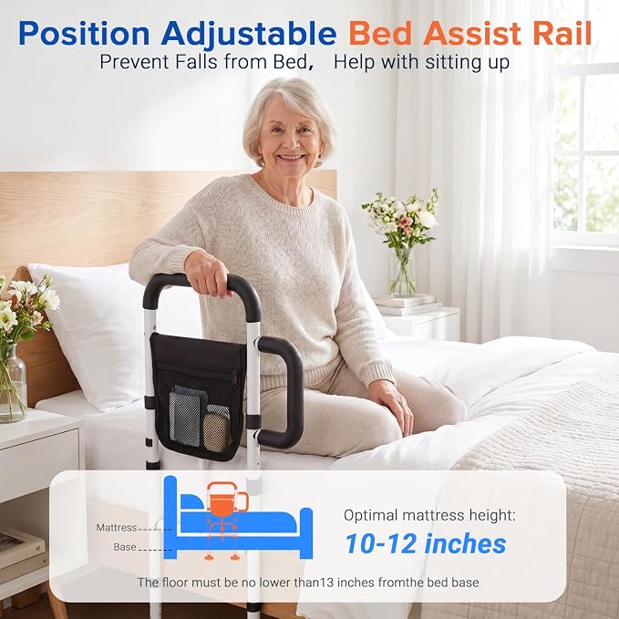 AYP Bed Rails for Elderly Adults Safety–Adjustable Bed Side Rails for Seniors, Featuring Extended Non-Slip Grab Bar and Storage Pocket, ASTM Approved Bed Cane–Fits Twin,Full,Queen,King Size Bed
