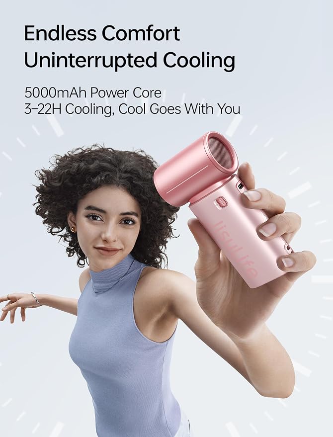 JISULIFE Handheld Fan Life9S - Sleek Chrome: Turbo Power, 22 Hours Cooling | LED Display, 5000mAh, 5-Speeds, Mini Portable Fan for Travel, Cruise, Concerts, Trendy Gifts for Women Men -Pink