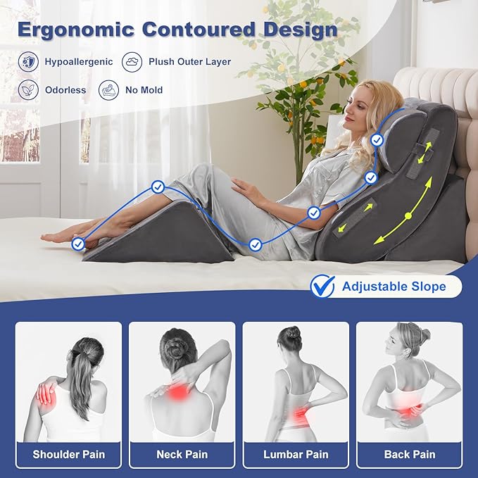 4PC Orthopedic Bed Wedge & BBL Surgery Pillow Set - Memory Foam Support for Buttocks/Back/Legs, Post Surgery Sleeping System with Adjustable Angles, Contains 2 Washable Pillowcases, Gray&White Grey