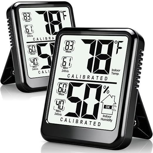 2 Pack Room Thermometer Indoor Hygrometer with Max/Min Record | W/ Battery, 24h Max/Min Record, Accurate Sensor, Fast Refresh, Easy to View, ℉/℃, Durable Kickstand, Compact, for Home Office