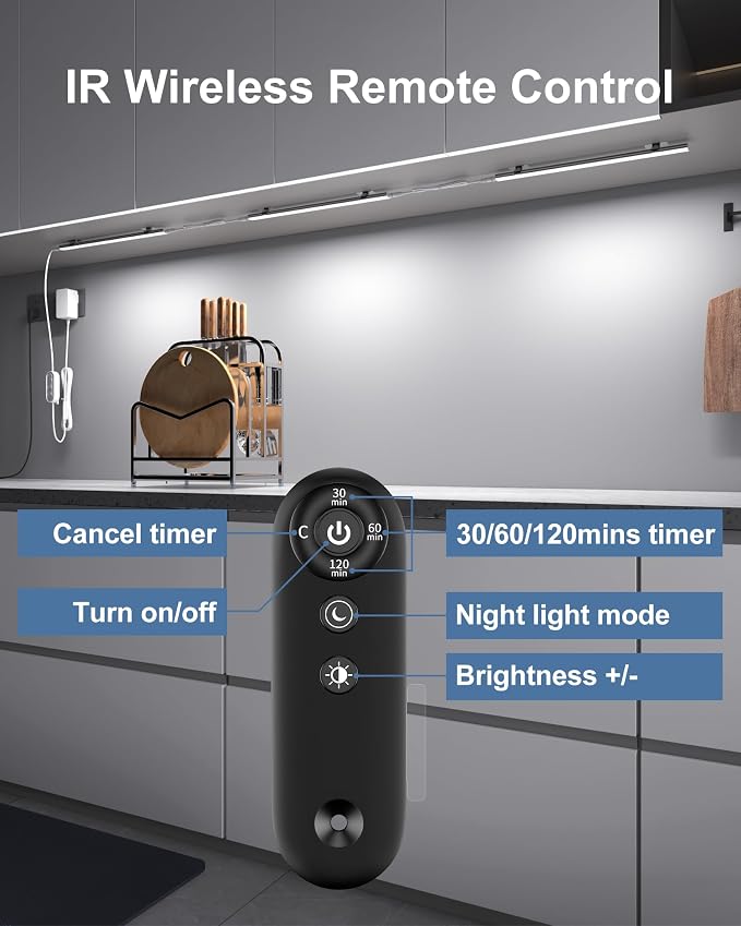 Remote Control Under Cabinet Led Light Plug in, Dimmable Daylight White 4500K, 6 Pack 12 inch Linkable Under Counter Lights for Kitchen Upgrade ETL Listed Plug 24V, UNO-LK 4500K