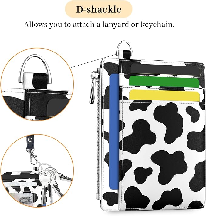 Hancynir Cow Slim Wallet Women Credit Card Holder, Small RFID Cute | Zipper Pocket Wallet, Thin Travel Coin Purse, Ladies Women Gifts, Minimalist Card Case, 6 Card Slots, ID Window, PU Leather