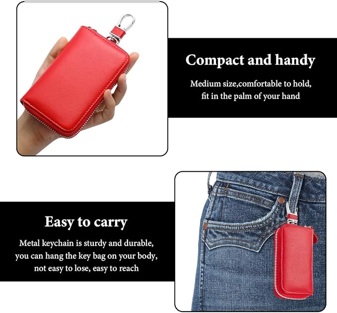 Leather Car Key Holder Bag, Unisex Key Fob Case with 6 Hooks, Zipper Closure Keychian Case Wallet for Smart Keys (Red)
