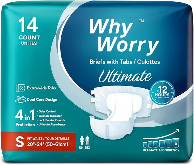 WhyWorry Ultimate Adult Diapers for Men and Women, Disposable Adult Briefs with Tabs for Incontinence, Unisex Incontinence Briefs with Tabs, Ultimate Absorbency, Odor Control, Small, 14 Count