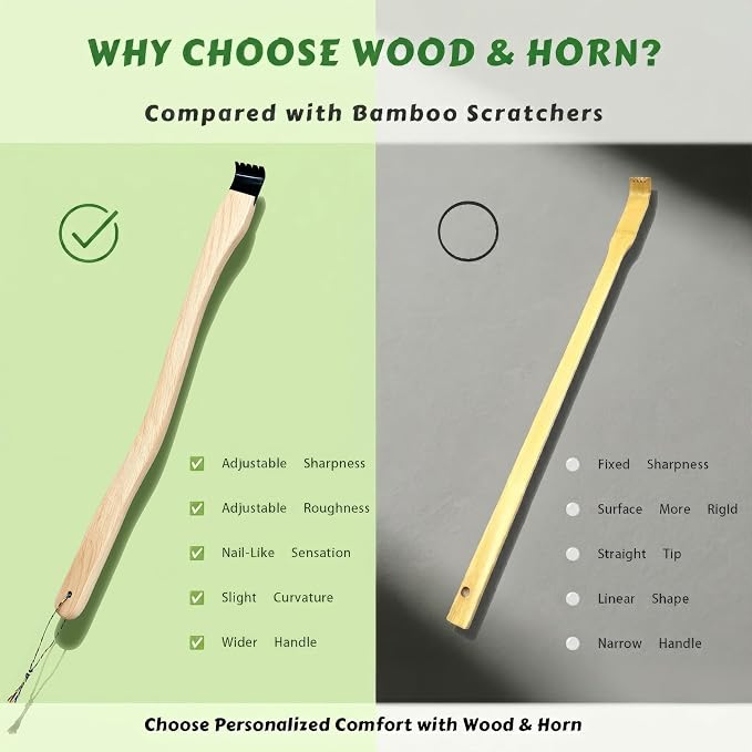 Natural Buffalo Horn Back Scratcher with Adjustable Sharpness, 17" Long Handle Curved Wooden for Seniors Women Men, Nano-Glass File, Gift for Mom Dad