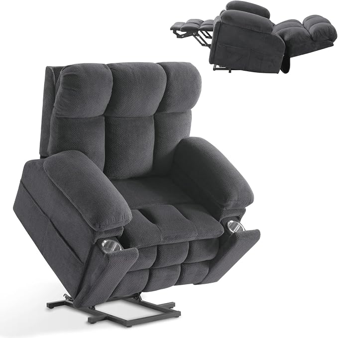 Power Lift Recliner Chair for Elderly, Dual Motor Oversized Recliner with Heat & Massage, Adjustable Headrest, Lay Flat Zero Gravity Recliner with Cup Holder, USB/Type-C Ports & Storage-Grey