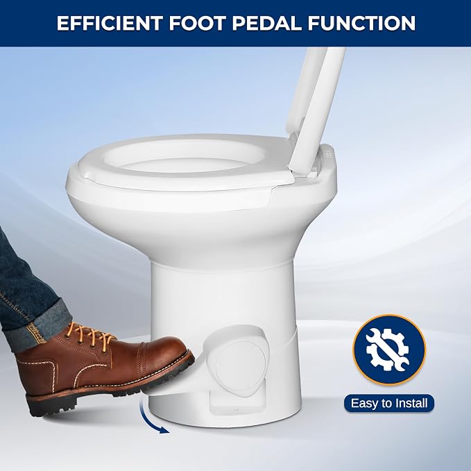 SereneLife RV Gravity Flush Toilet with Foot Pedal and Hand Sprayer | T-Type Full-Bowl Flush Coverage With Odor-Resistant Sealing For RVs, Boats, Campers, Trailers And Marine Bathrooms