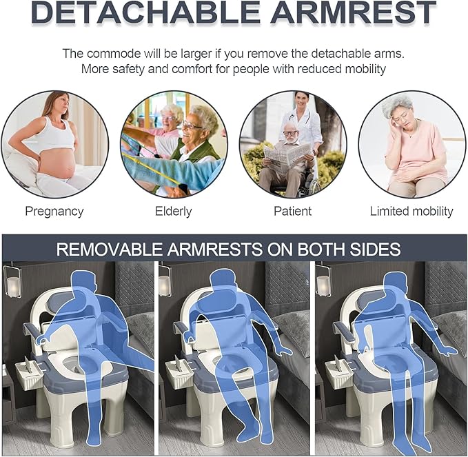 Bedside Commode Upgraded Safety Commode Toilet For Elderly And Disabled Portable Home Bedside Commode Chair Adult Potty Chair Seniors With Adjustable armrests,Bedside Toilet-Supports 660 Lbs (Blue)