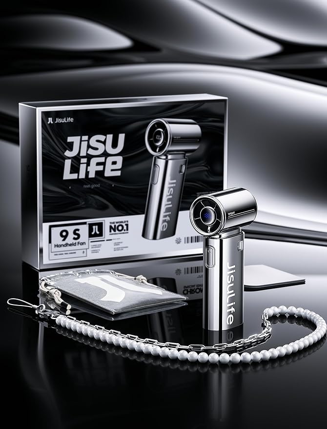 JISULIFE Handheld Fan Life9S - Sleek Chrome: Turbo Power, 22 Hours Cooling | LED Display, 5000mAh, 5-Speeds, Mini Portable Fan for Travel, Cruise, Concerts, Trendy Gifts for Women Men -Chrome