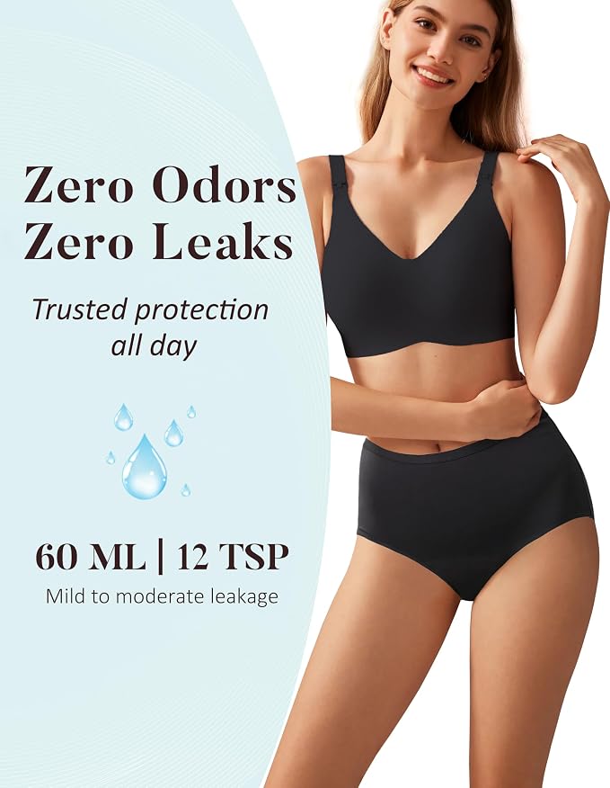 AIRCUTE Washable Urinary Incontinence Protective Underwear for Women Leak Proof Absorbent Reusable Panties 60ML 1 Pack (Black, Small)