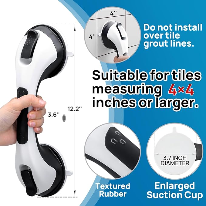 LEVERLOC Shower Grab Bar, 12 Inch Suction Grab Bars for Bathtubs, Shower Handle Handrail for Seniors Bathroom Safety Grip for Elderly, Heavy Duty No Drilling Removable,Black