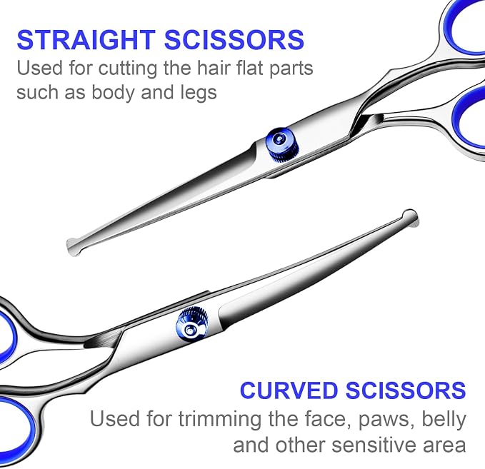 TINMARDA Dog Grooming Kit, Professional Stainless Steel Dog Grooming Scissors with Curved Shears, Blue Finger Rings - 5 Piece Sharp Durable Pet Shears for Dogs Cats At Home Salon-Quality Grooming