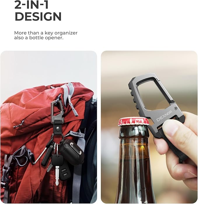 Dexnor Heavy Duty Key Chain Bottle Opener, Carabiner Key Ring Clip Aerospace-grade Stainless Steel Car Key Fob Holder Organizer EDC Keychain Keyring Accessories for Men and Women Black