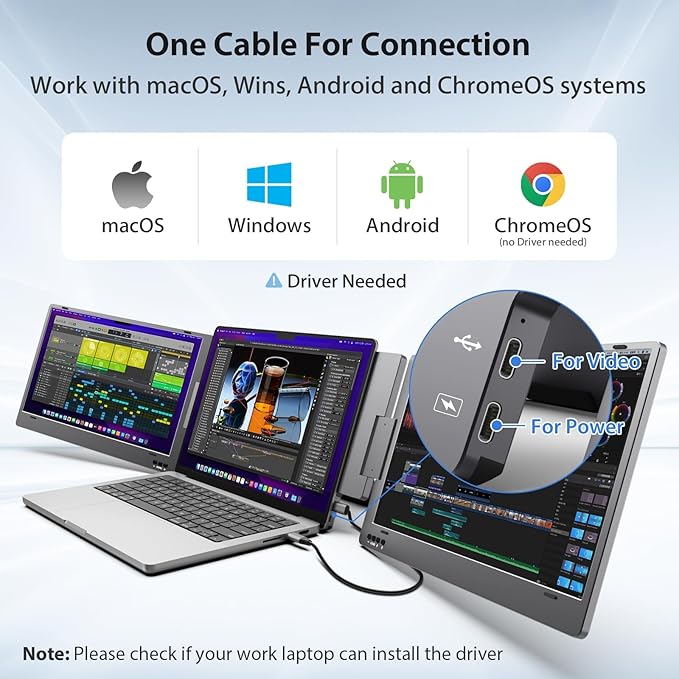 KYY Laptop Screen Extender, 14'' FHD 1080P USB-C Portable Monitor, IPS Computer Monitor, Dual Monitor for Triple Screen, for 12"-16" Laptop (Mac, Wins, Android) Driver Need